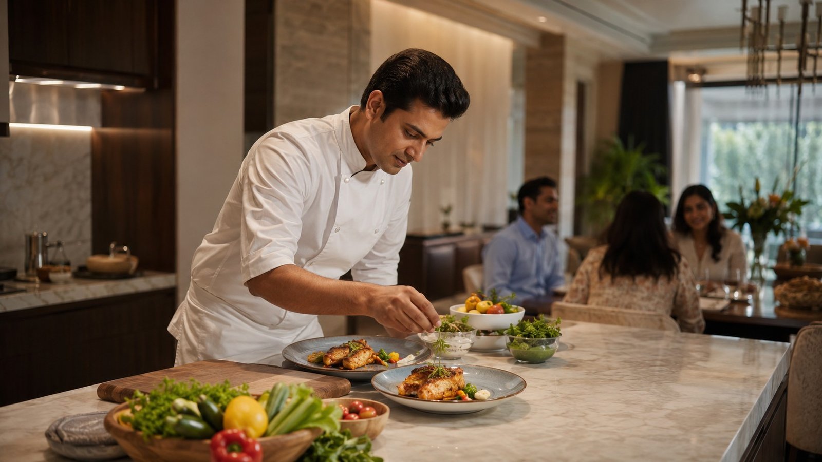Personal chef plating a meal in a luxury Indian home