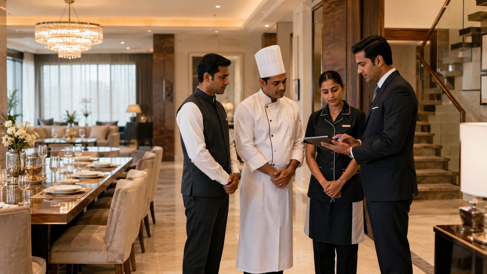 Luxury residence staff reviewing service standards with a household manager