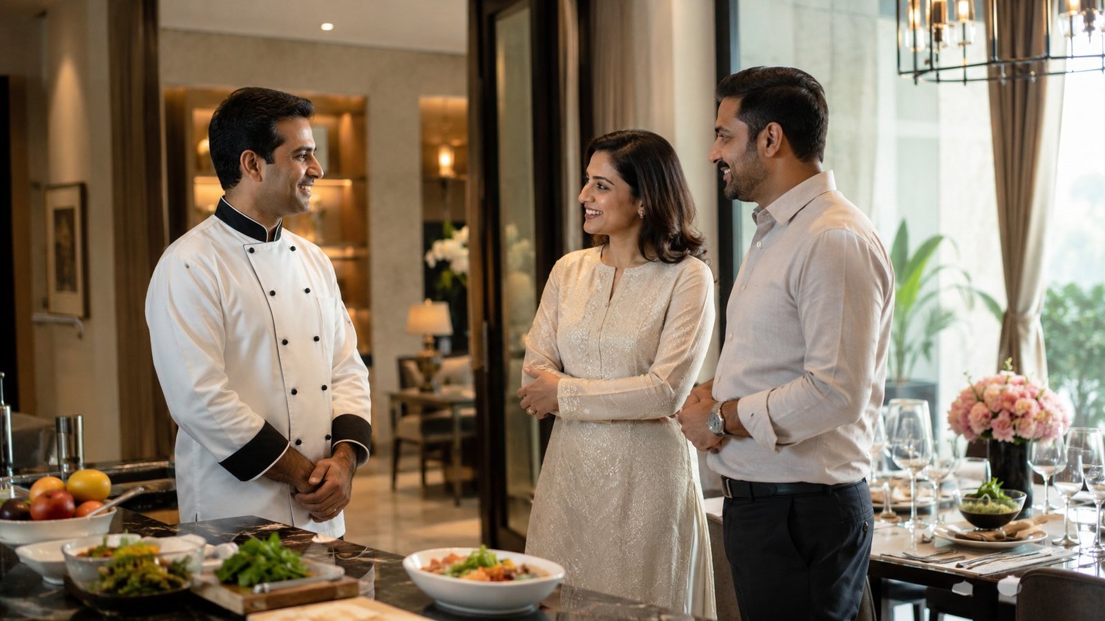 Personal chef speaking with a luxury home client in a private residence