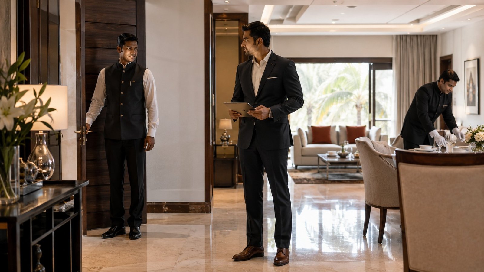 Household manager conducting a hospitality audit in a luxury residence