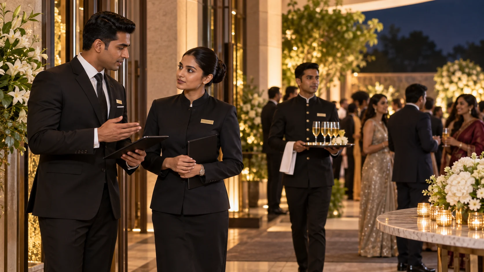 Service captain, guest-relations host and butler coordinating service at an Indian luxury event