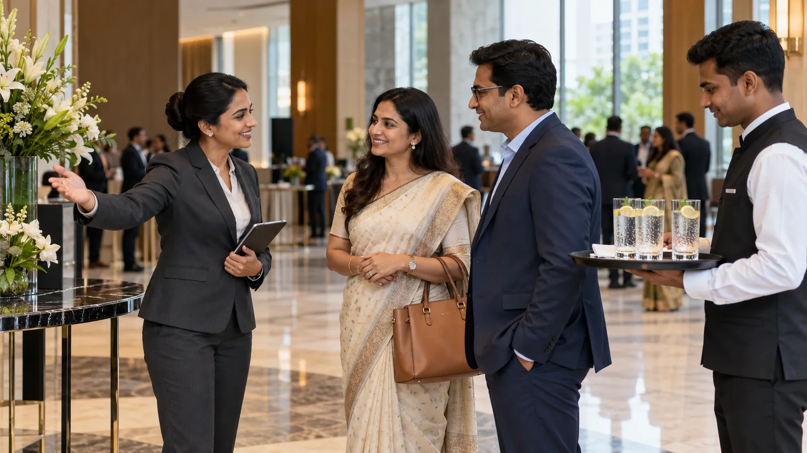 Event host welcoming business guests while a hospitality professional serves refreshments